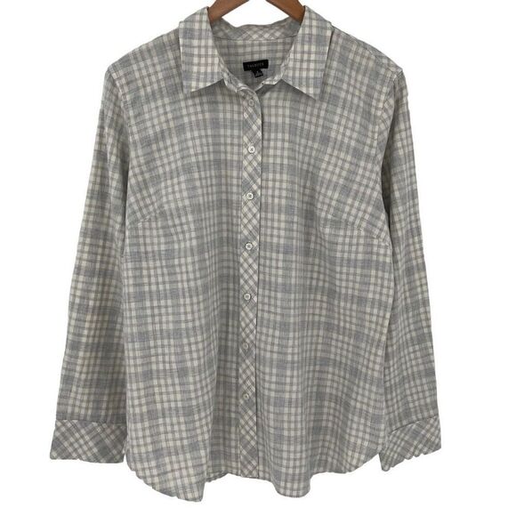 Talbots Long Sleeve Collared Button Up Shirt Plaid Cotton Women Large Cream Grey - Picture 1 of 5